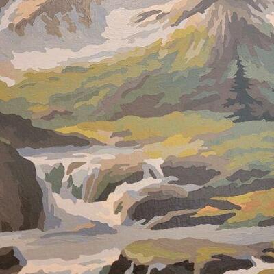 Lot 218: Vintage PAINT BY NUMBERS Original Framed Painting MOUNTAIN SCENE w/ BABBLIMG BROOK