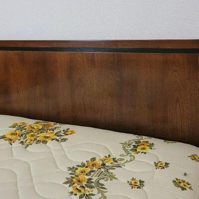 Lot 247: Vintage LANE Walnut Queen Size Mid Century Modern Bed Headboard w/ SEALY POSTURPEDIC Floral Mattress