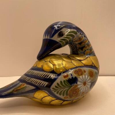 Lot #43  Vintage Mexican Tonala Pottery Duck with Brass and Enameled Paint Cobalt Blue