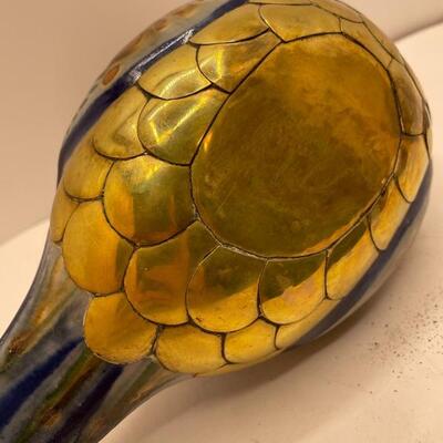 Lot #43  Vintage Mexican Tonala Pottery Duck with Brass and Enameled Paint Cobalt Blue