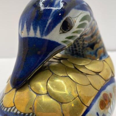 Lot #43  Vintage Mexican Tonala Pottery Duck with Brass and Enameled Paint Cobalt Blue