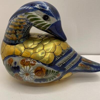 Lot #43  Vintage Mexican Tonala Pottery Duck with Brass and Enameled Paint Cobalt Blue