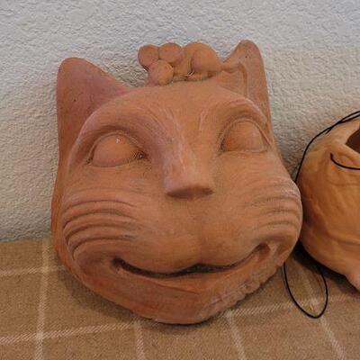 Lot 30: Vintage Clay Hanging Cat Themed Planters (Smaller is Triple Faced)