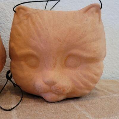 Lot 30: Vintage Clay Hanging Cat Themed Planters (Smaller is Triple Faced)