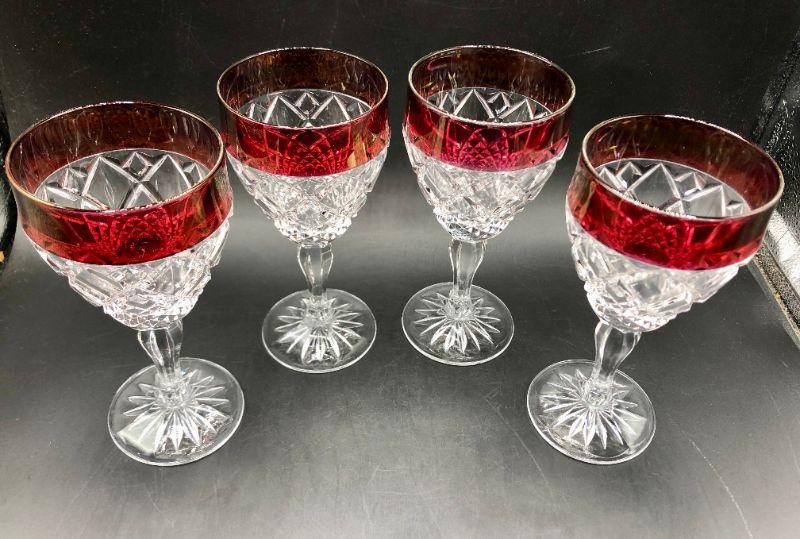 Ruby Red rimmed Crystal Stemware Set of 4 glasses