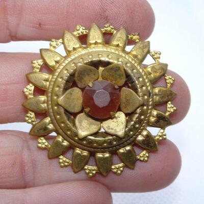 Victorian Gold Tone Heart & Flower Pin 