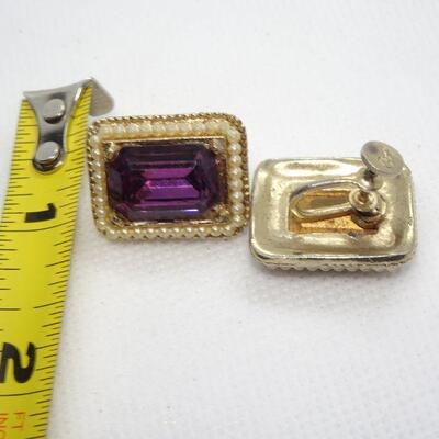 Purple & Pearl Gold Tone Screwback Earrings 