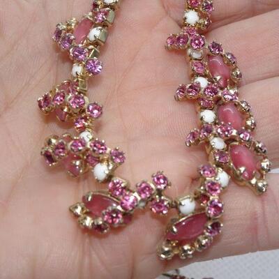 Amazing Pink & White Rhinestone & Milk Glass Beaded Necklace & Matching Clip Earrings -MCM