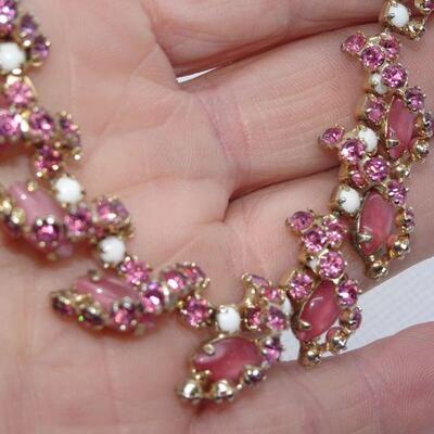 Amazing Pink & White Rhinestone & Milk Glass Beaded Necklace & Matching Clip Earrings -MCM