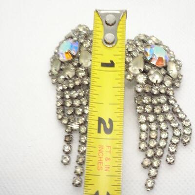 Vintage HOBE Rhinestone Dangle Clip On Earrings, Aurora Borealis, Signed
