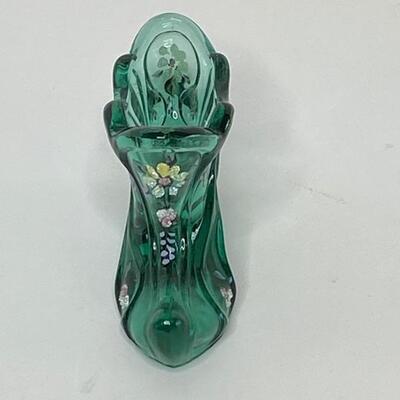 Fenton Hand Painted Green Shoe (Signed)