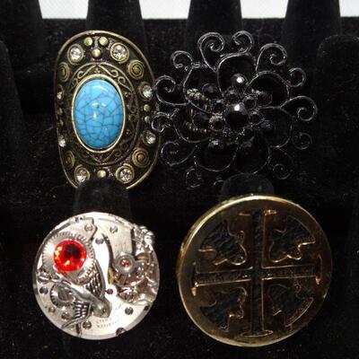 4 Vintage Stretch Rings Turquoise, Black Flower, Clock Parts & Gold Tone Medallion 