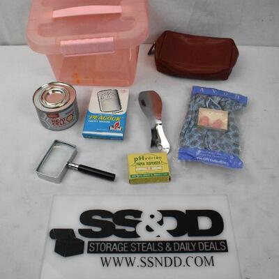 8 pc Various Goods in Pink Bin: Tissue Box Cover, Magnifying Glass, Shoe Horn