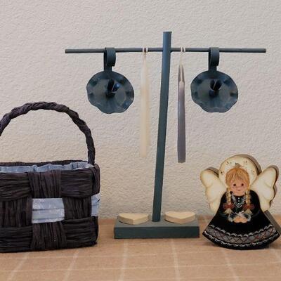 Lot 146: Vintage Basket, Candle Stand with Candles and Holders and Handpainted Angel Trinket Box