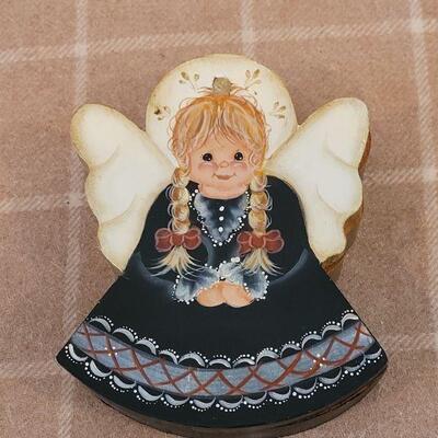 Lot 146: Vintage Basket, Candle Stand with Candles and Holders and Handpainted Angel Trinket Box