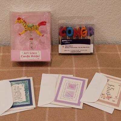 Lot 224: New Cards, Candles and Glass Candle Holder 