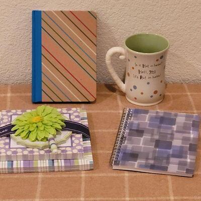 Lot 230: New Funny Coffee Cup, Notebook, Memo Pad/Pen and an Address Book 