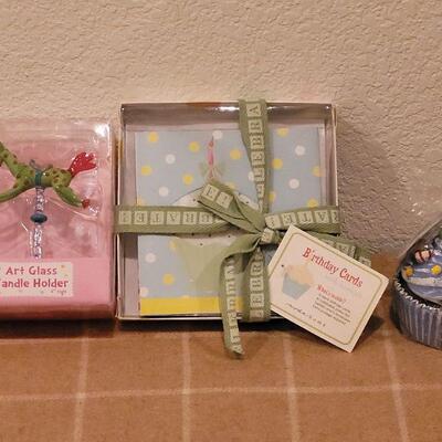 Lot 233: New Birthday Card with Hankies, Cupcake Candle and Glass Candle Holder