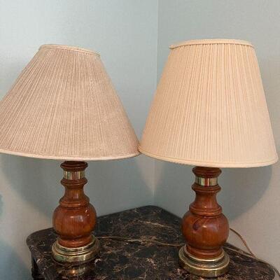 B4: Pair of Wood and Brass Table Lamps