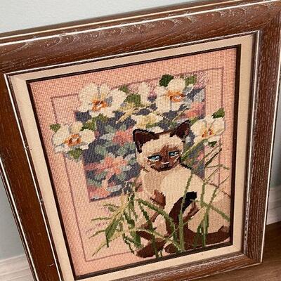 A2: Vintage Framed Needlepoint of Siamese Cat