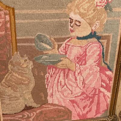 A5: Vintage Framed Needlepoint of Woman with Cat