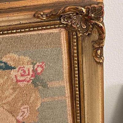 A5: Vintage Framed Needlepoint of Woman with Cat