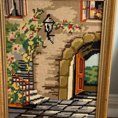 A6: Vintage Framed Needlepoint of Rustic Courtyard