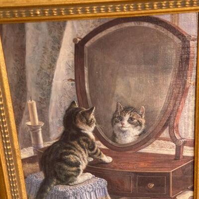 A8: Framed Print on Board of Cat looking in Mirror
