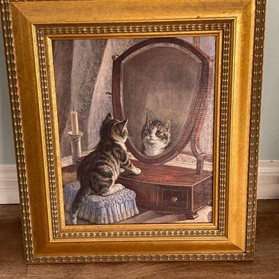 A8: Framed Print on Board of Cat looking in Mirror