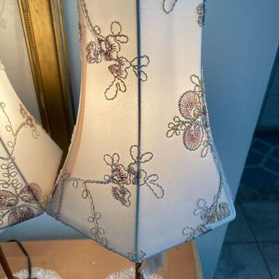M1: Pair of Metal Table Lamps with Embroidered Shades
