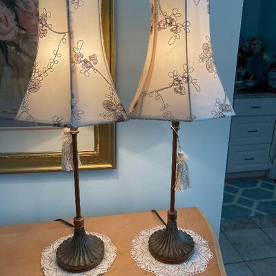 M1: Pair of Metal Table Lamps with Embroidered Shades
