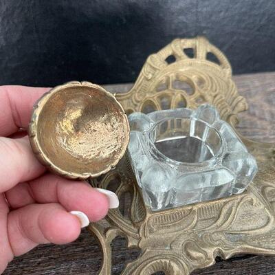M12: Vintage Teleflora Brass Inkwell and Pen Desk Set