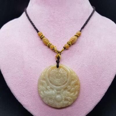 Lot #28 - Awesome carved jade medallion necklace