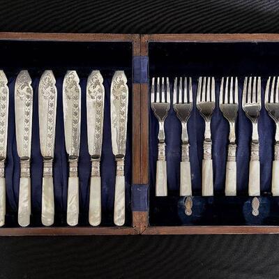 Antique English Fish Flatware Set w/ Pearl Handles