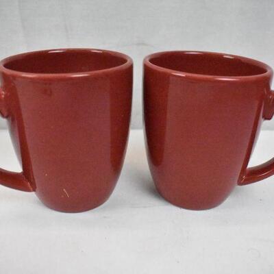 6 Mugs: 4 red coffee mugs & 2 wine tumblers with lids