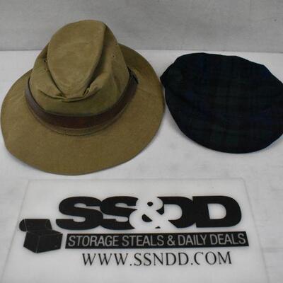 2 Hats: Brown Vintage Safari Hat, Blu/Green/Black Plaid Page Boy Hat