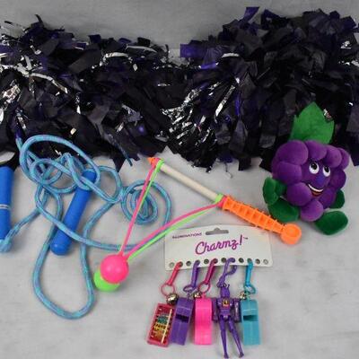 10 Misc Kids Toys: Pompoms, Jump Rope, 5 plastic charms