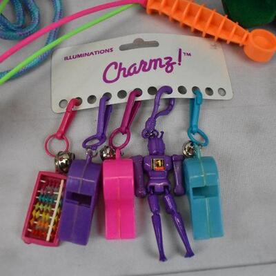 10 Misc Kids Toys: Pompoms, Jump Rope, 5 plastic charms