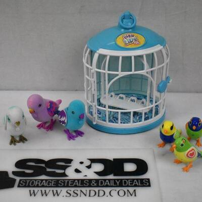 7 pc Bird Pet Toys: 1 cage, 3 larger birds, 3 smaller birds