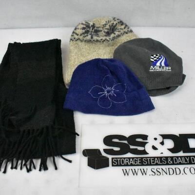 4 pc Cold Weather Wear: 3 Hats & 1 Scarf