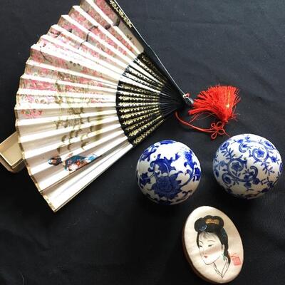 Asian Export Lot with Porcelain Balls, Silk Box and Fan
