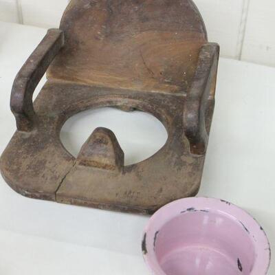 Lot 14 Antique Child's Potty Chair & Pink Enamel Bed Pan