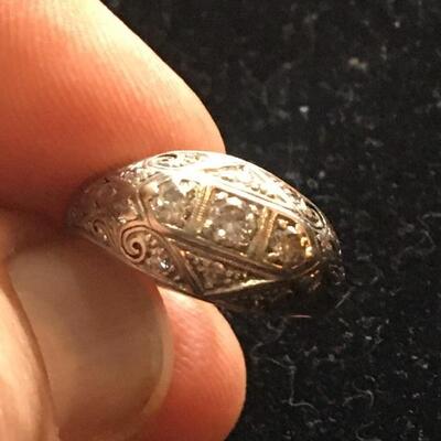 Antique 14k White Gold Deco Ring with 3 Diamonds Size 6.5