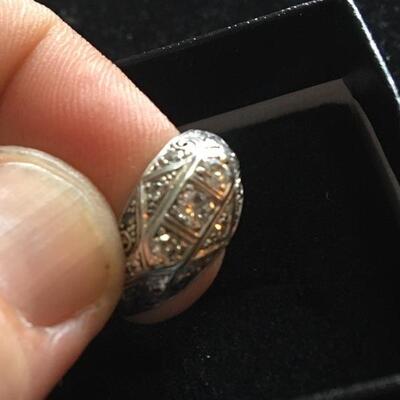 Antique 14k White Gold Deco Ring with 3 Diamonds Size 6.5