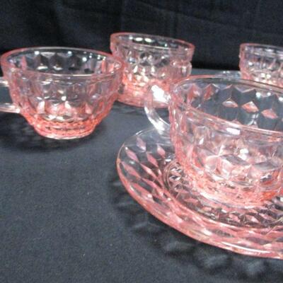 Lot 26 - Fostoria Pink Crystal Cups & Saucers & Dessert Plate