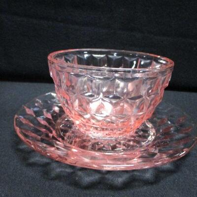 Lot 26 - Fostoria Pink Crystal Cups & Saucers & Dessert Plate