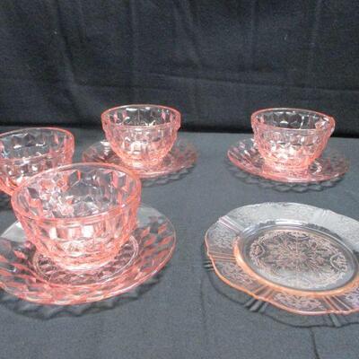 Lot 26 - Fostoria Pink Crystal Cups & Saucers & Dessert Plate