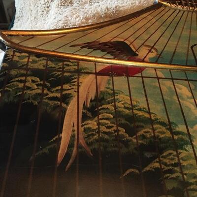 Oriental Lacquer Wall Hanging with Birdcage and Parrotts 26â€ x 43â€. LOT 48