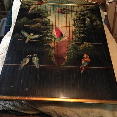 Oriental Lacquer Wall Hanging with Birdcage and Parrotts 26â€ x 43â€. LOT 48