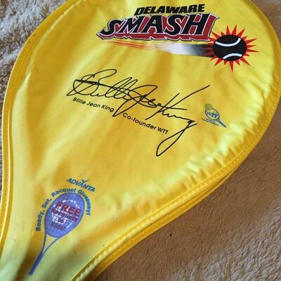 Billie Jean King Vintage Tennis Racket with Signed Cover. LOT 57